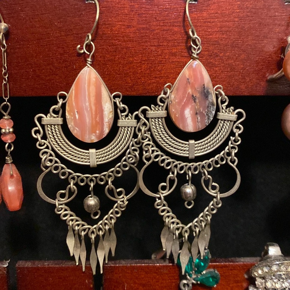 Boho pink stone silver chandelier earrings